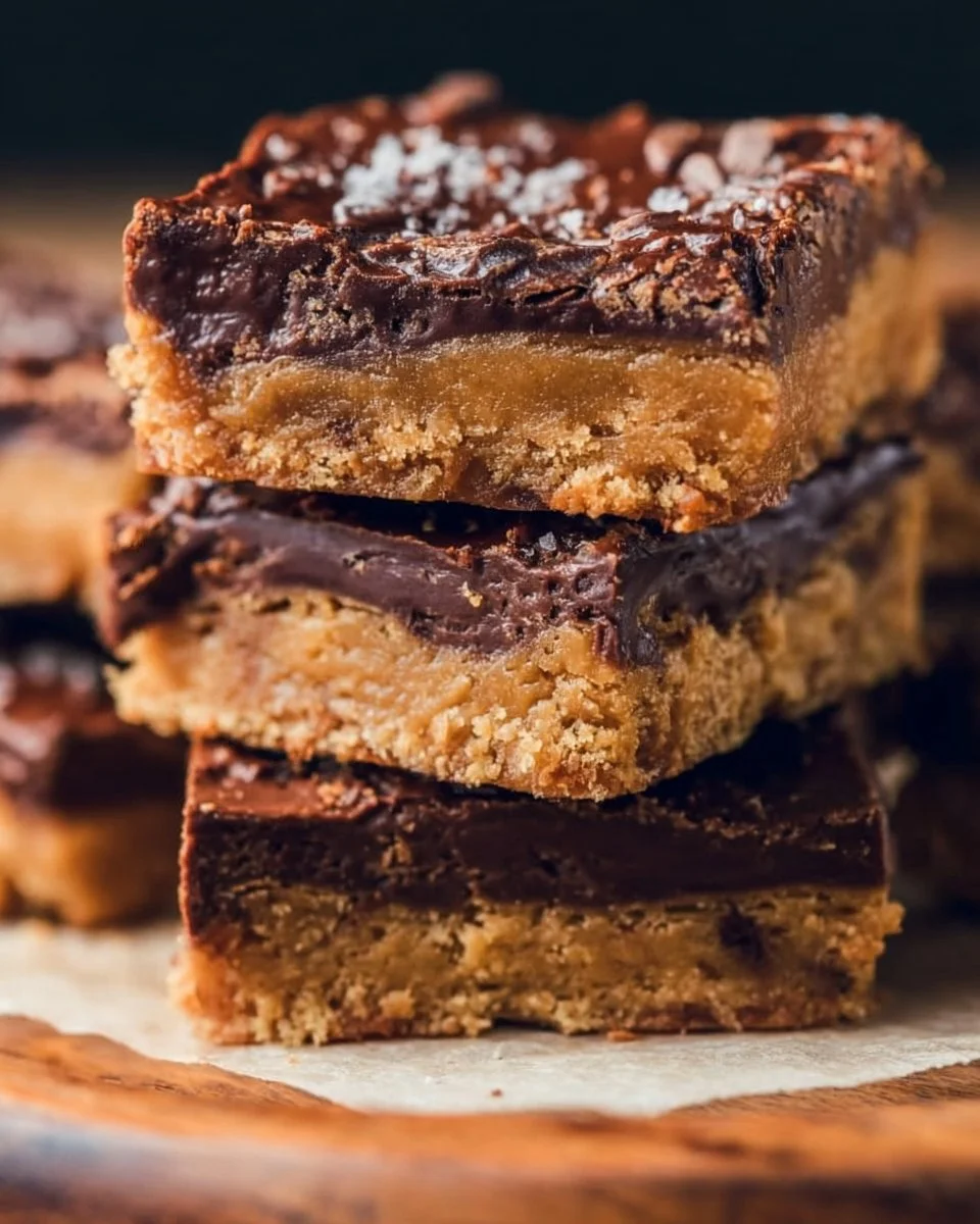 Homemade Peanut Butter Chocolate Bars on a wooden plate