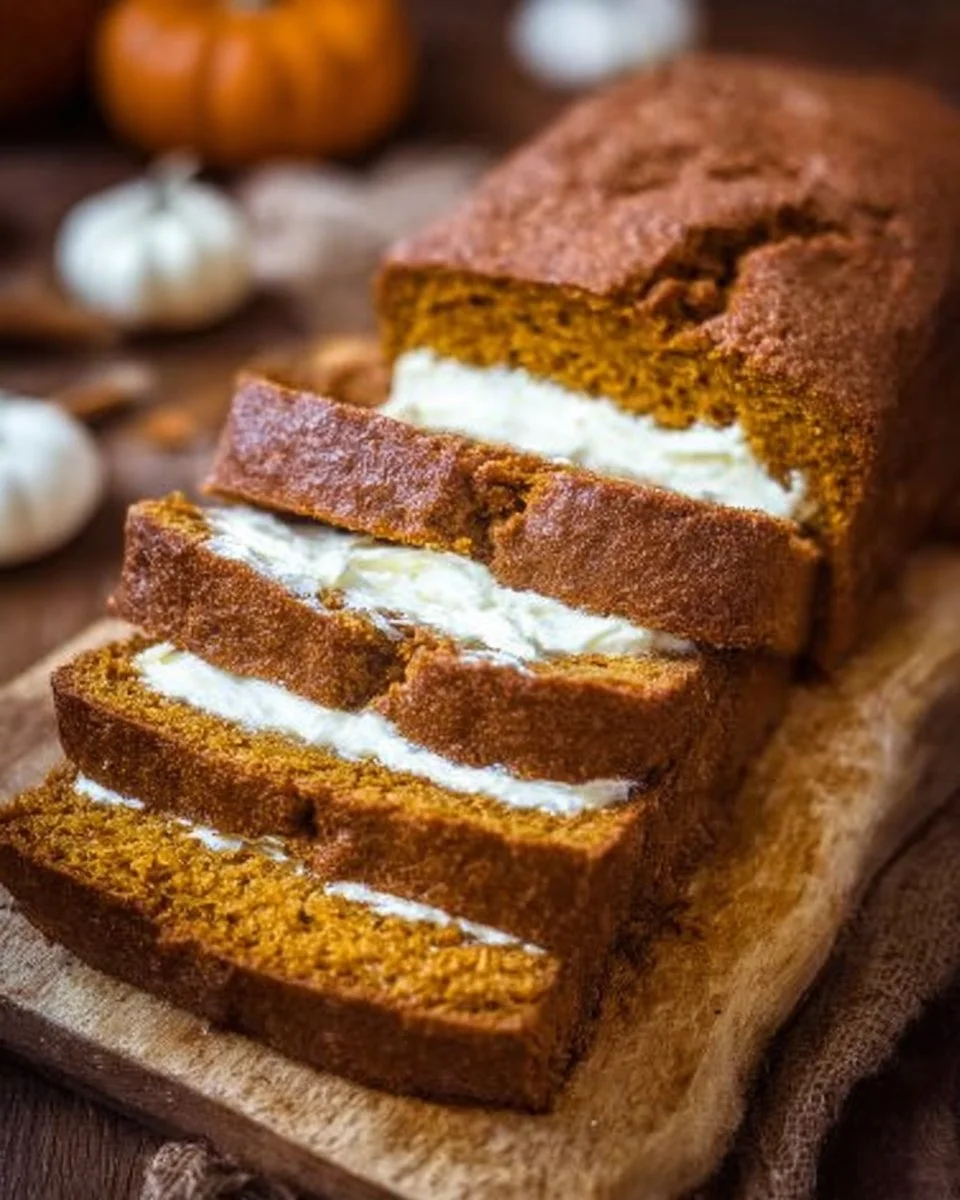 Slice of moist pumpkin bread with cream cheese frosting on a wooden board