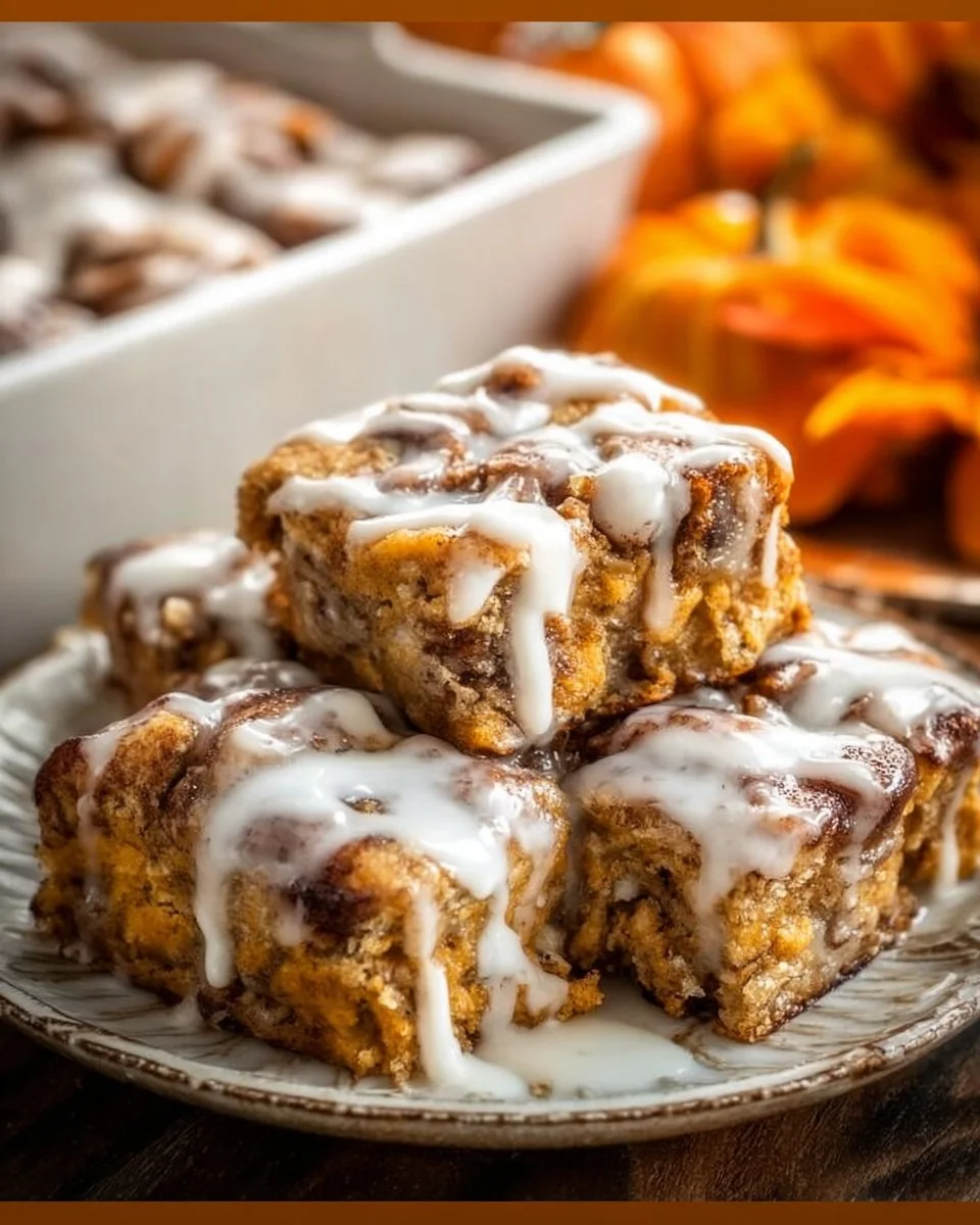 Delicious pumpkin cinnamon roll bars topped with creamy icing and spices.