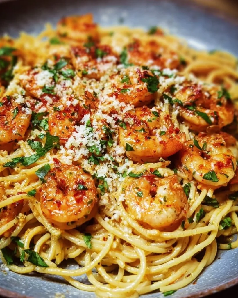 Plate of quick garlic shrimp pasta with herbs and spices
