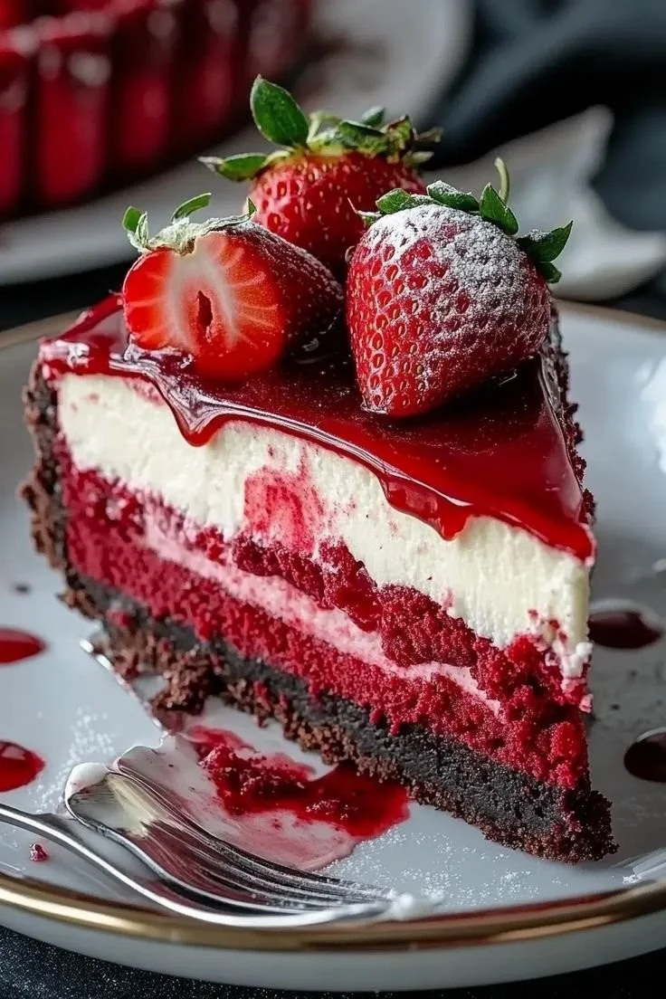 Red Velvet Strawberry Cheesecake topped with fresh strawberries and cream