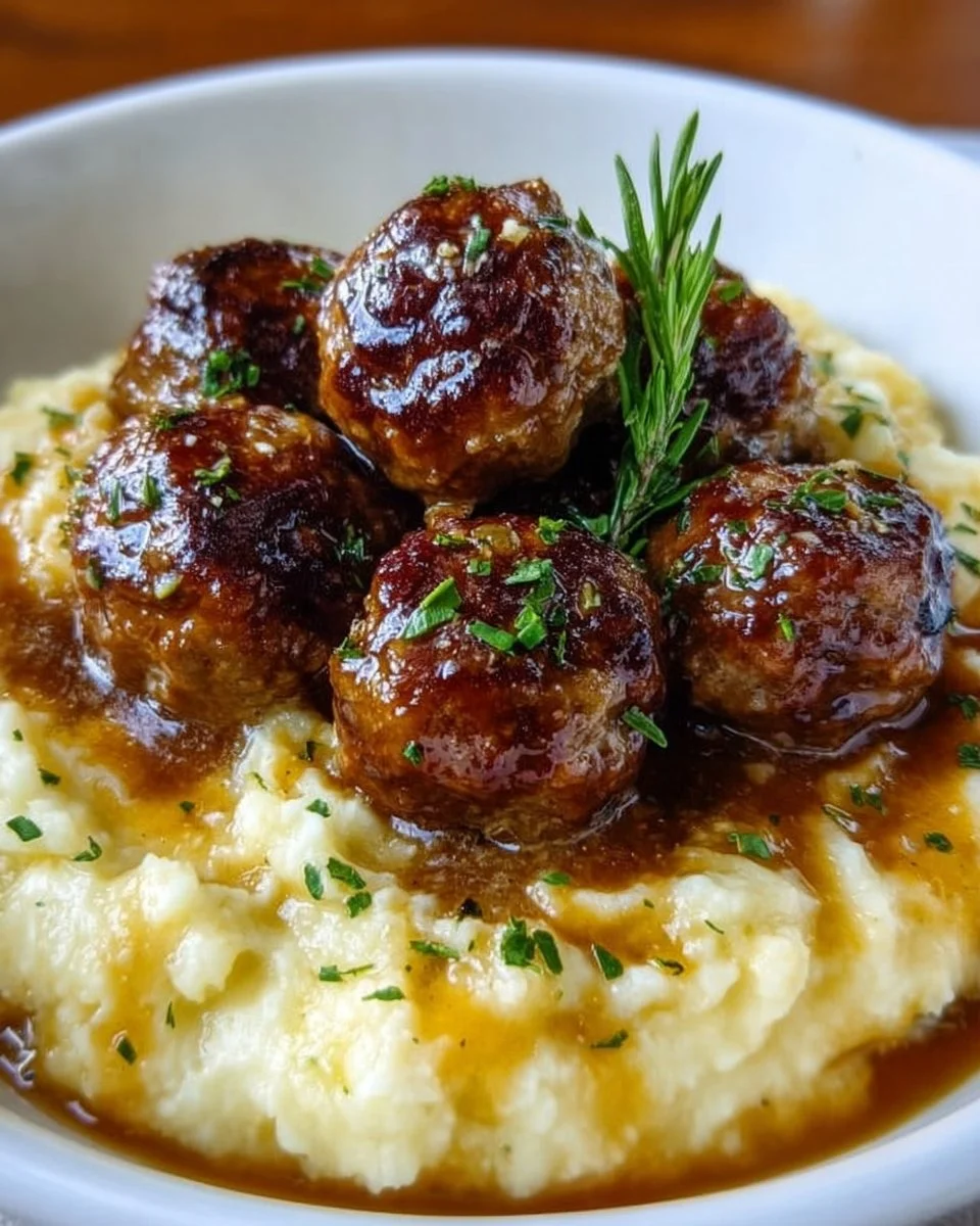 Salisbury Steak Meatballs served with garlic herb mashed potatoes on a plate