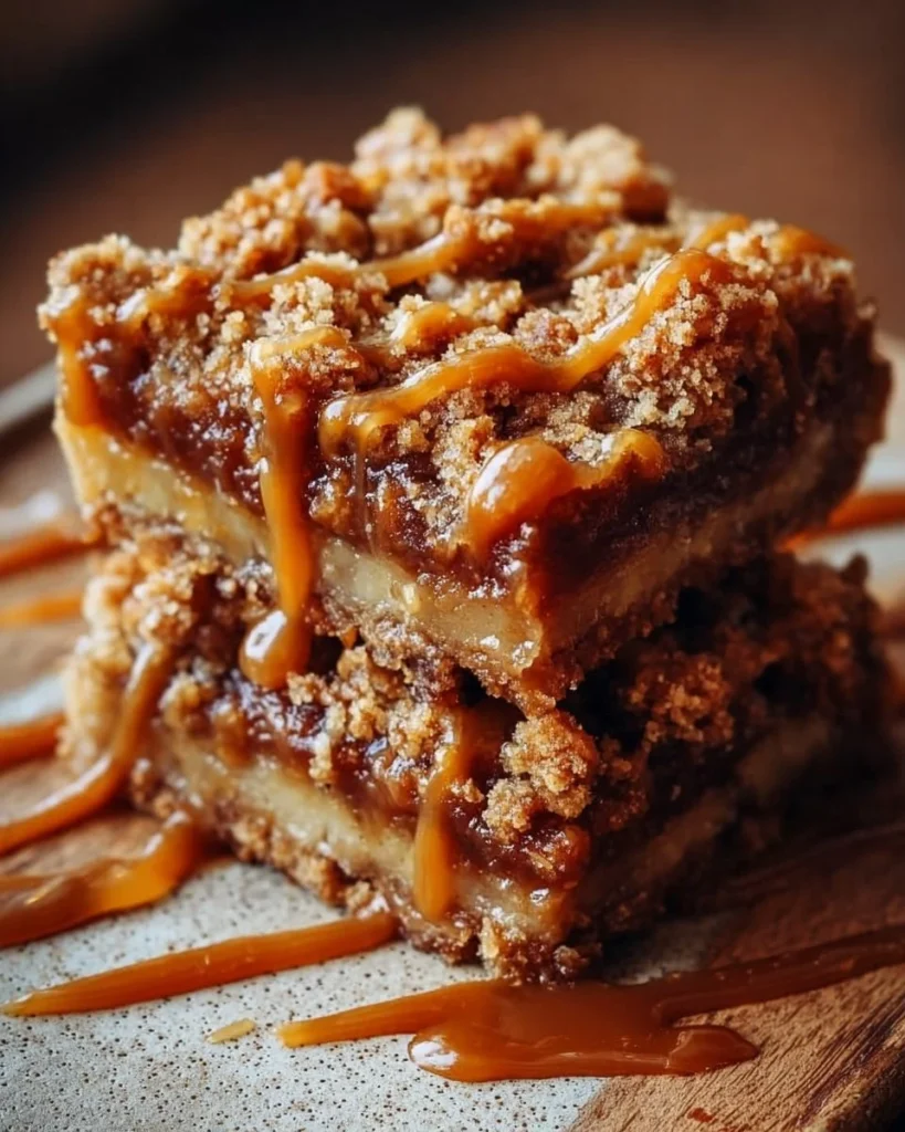 Delicious salted caramel apple crumble bars served on a plate