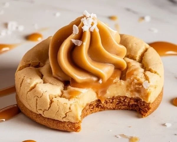 Salted caramel cheesecake cookies with a rich, creamy topping.