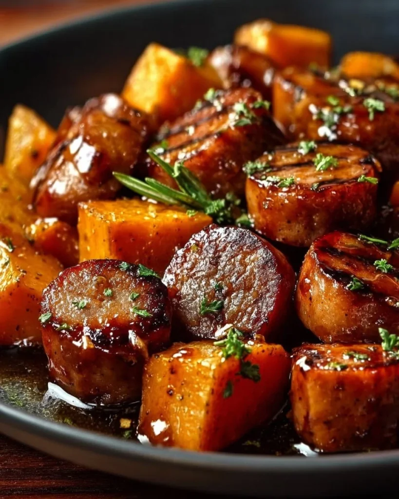 Sausage and Sweet Potatoes with Honey Garlic Sauce served on a plate