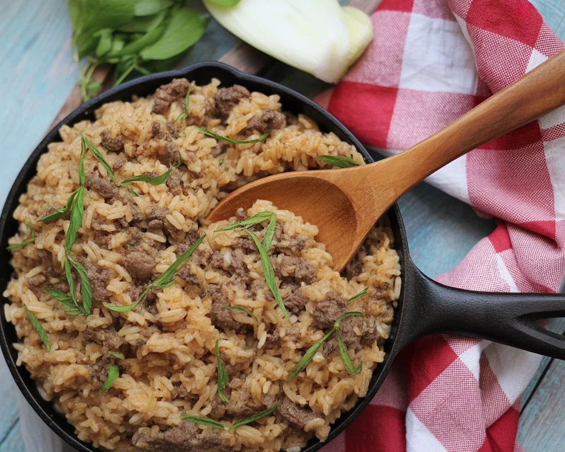 Delicious homemade dirty rice with sausage, peppers, and spices, a classic Cajun dish.