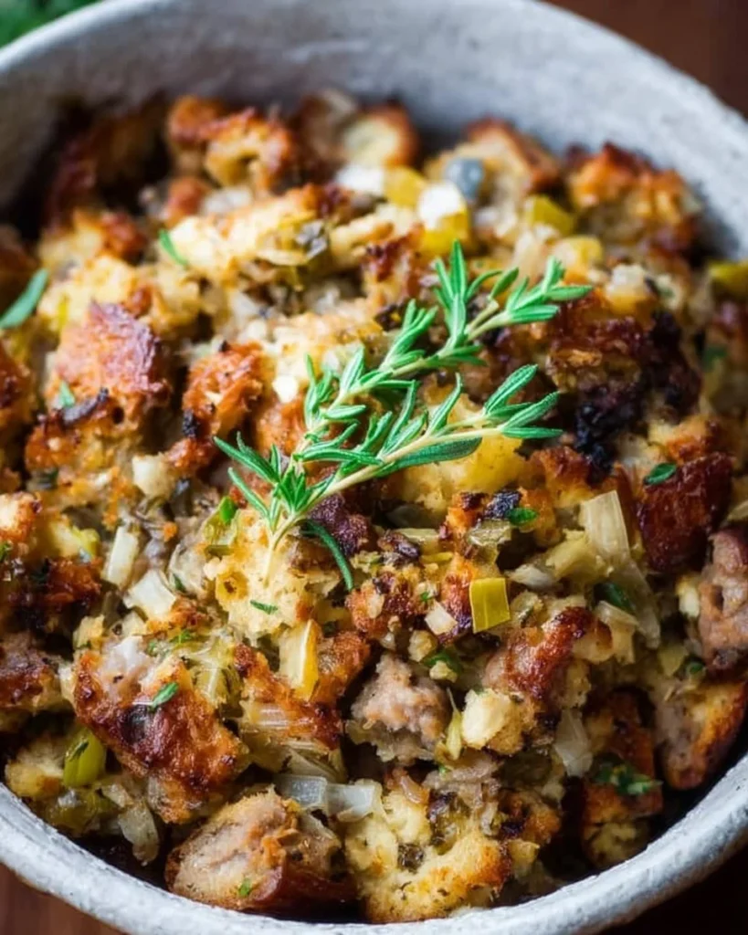 Bowl of slow cooker sausage stuffing with herbs and spices