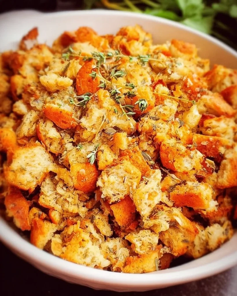 Delicious slow cooker stuffing served in a bowl, perfect for festive meals.