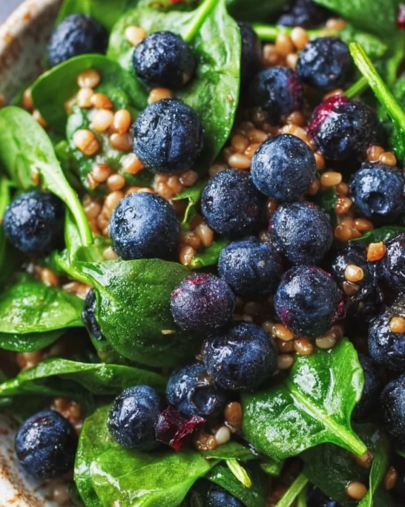 Spinach Blueberry Superfoods Salad topped with nuts and seeds for a nutritious meal.