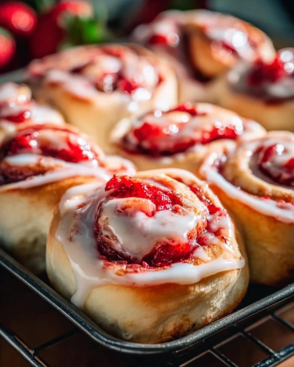 Strawberry Cheesecake Cinnabon Rolls freshly baked and drizzled with icing.