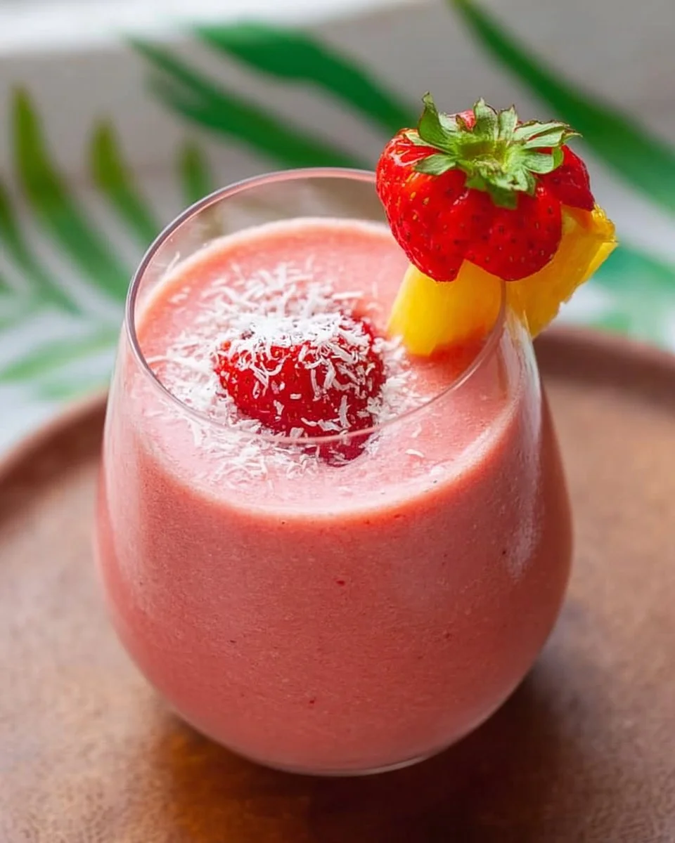 Strawberry Coconut Pina Colada Smoothie in a glass with a straw and tropical garnishes.