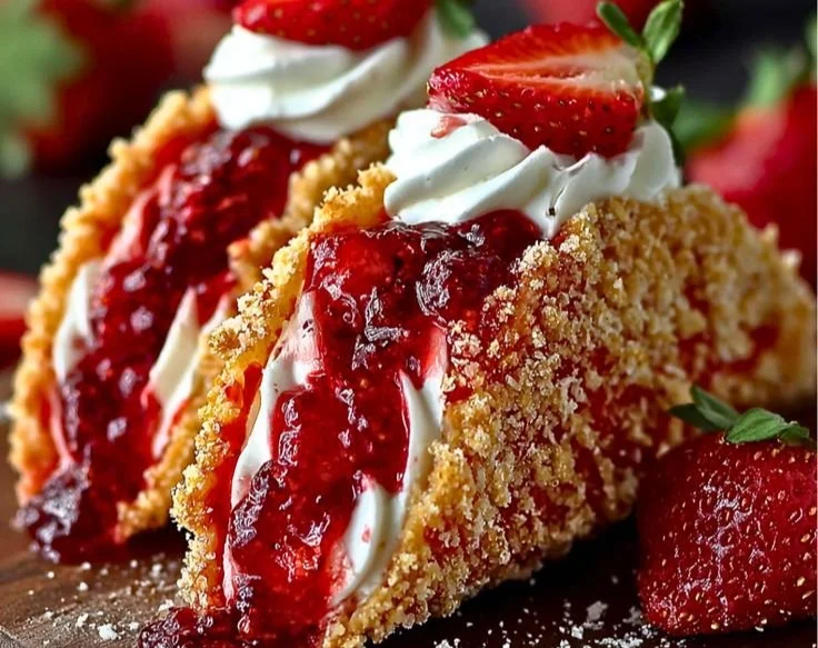 Delicious Strawberry Crunch Cheesecake Tacos topped with fresh strawberries and creamy filling