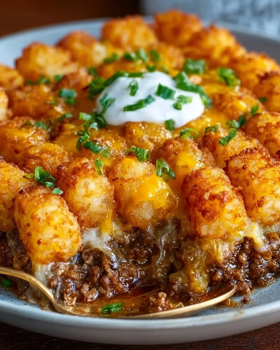 Delicious Tater Tot Casserole with Ground Beef served in a skillet
