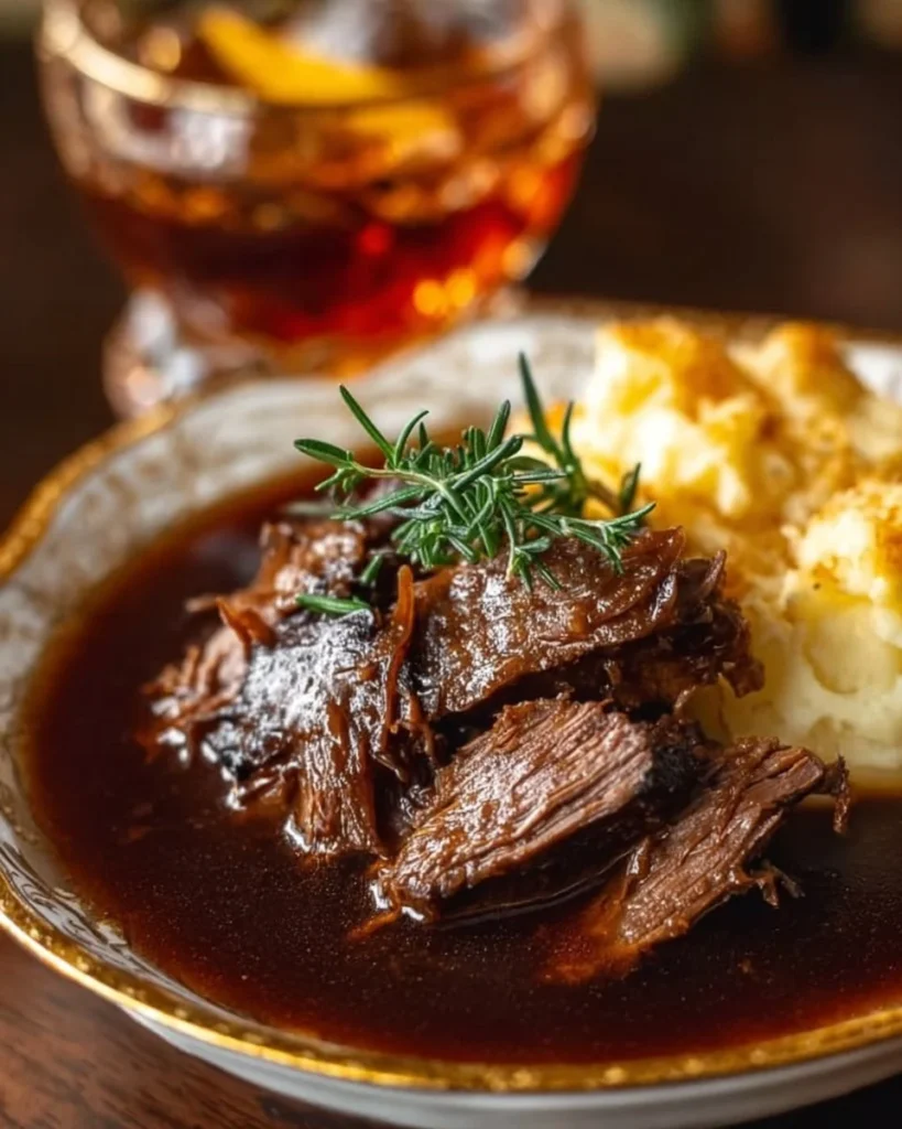 Delicious Beef Manhattan dish served on a plate with garnishes.