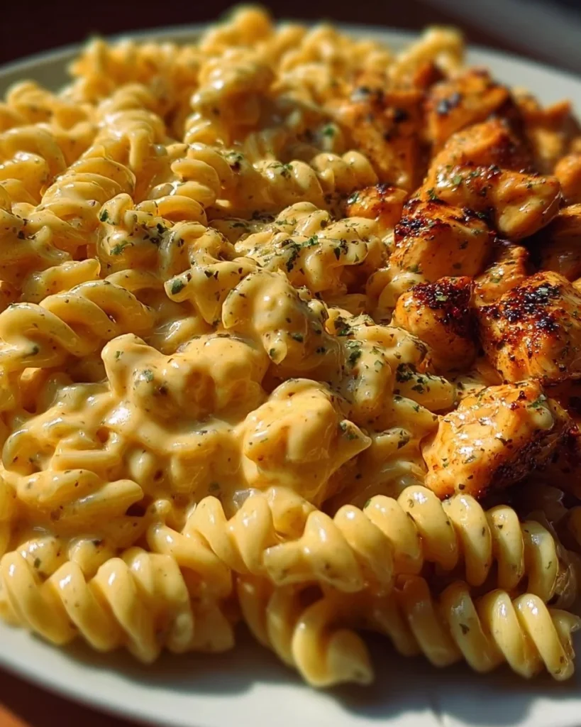 Delicious Velveeta Alfredo Chicken Rotini served in a bowl