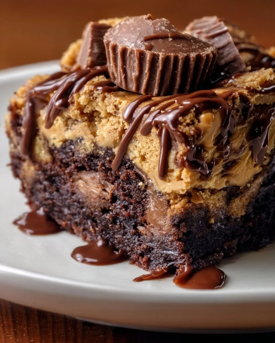 Delicious 1-Bowl Peanut Butter Cup Dump Cake topped with chocolate and peanut butter