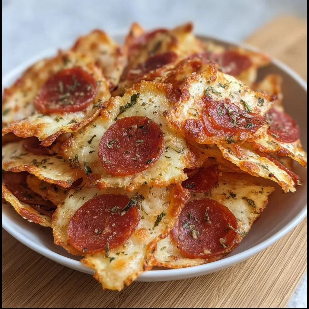 Bowl of homemade 2 ingredient pizza chips garnished with herbs.