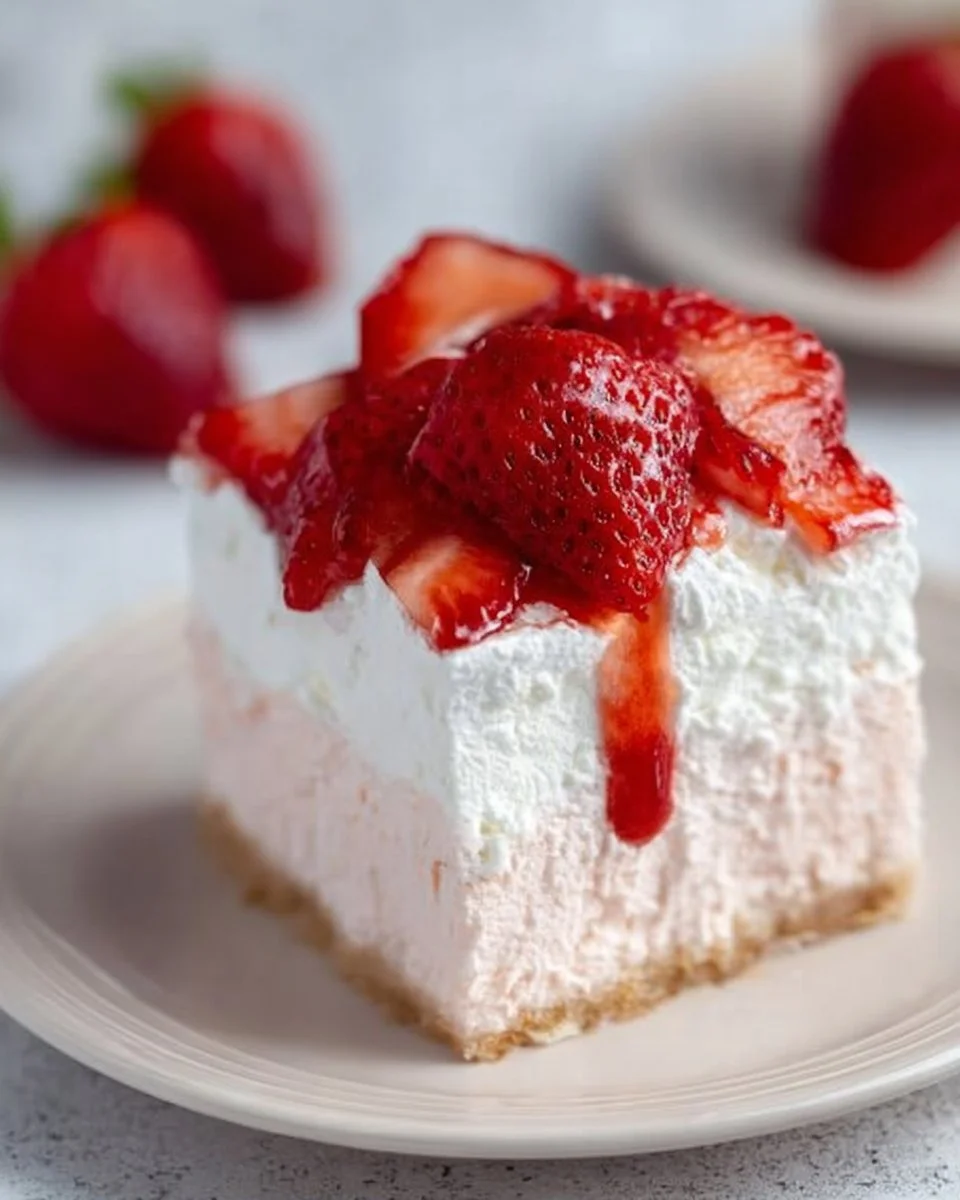 3-ingredient no bake strawberry cloud cake topped with fresh strawberries