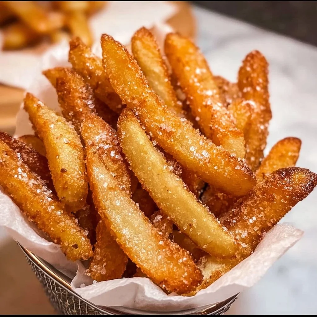 Crispy Air Fryer Apple Fries with cinnamon and sugar seasoning served on a plate.
