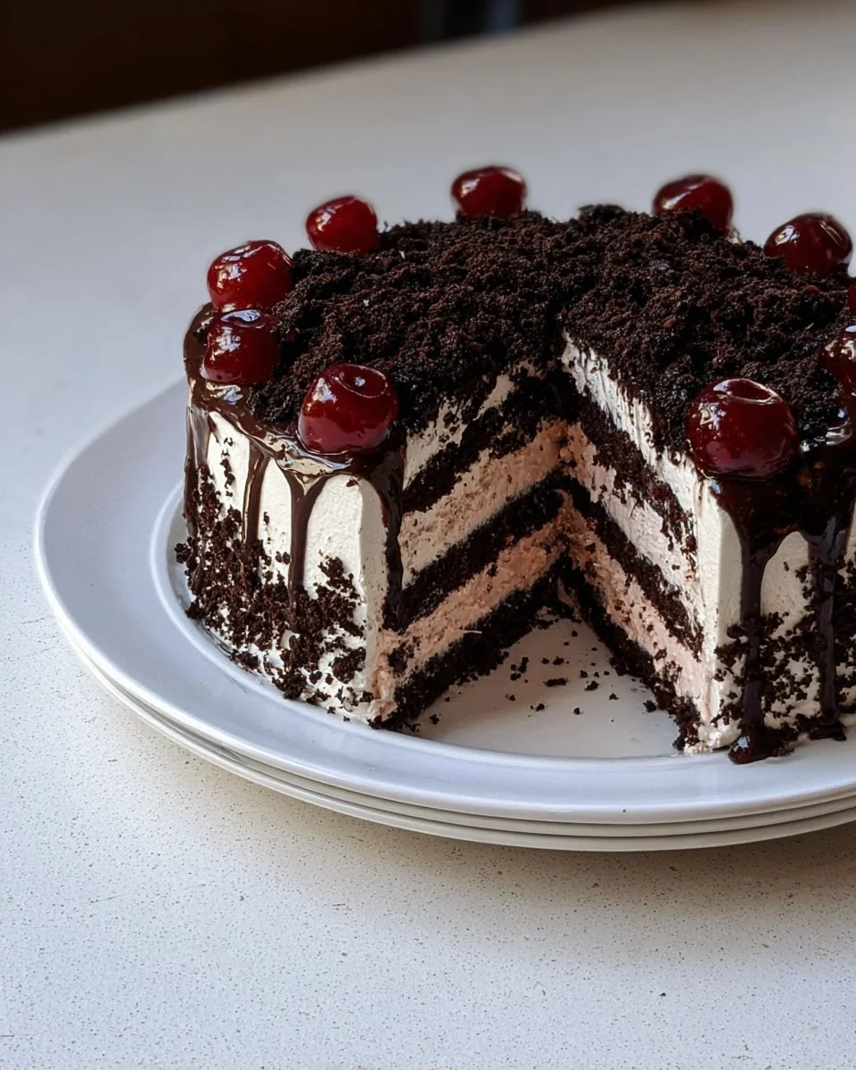A slice of Amaro Black Forest Cake with cherries and chocolate frosting