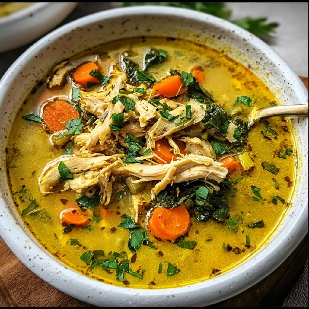 Bowl of anti-inflammatory turmeric chicken soup garnished with herbs