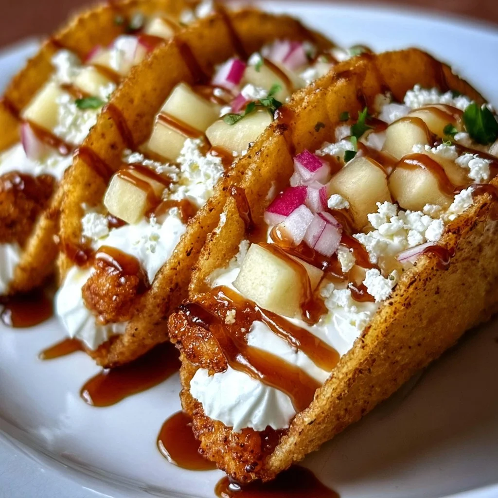 Apple cheesecake tacos served on a plate with apple slices and drizzle of caramel