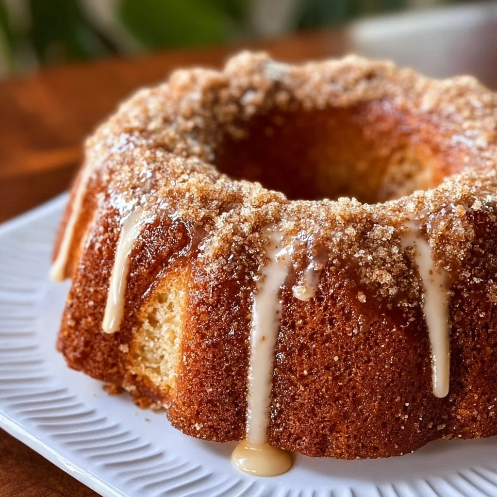 Delicious Apple Cider Donut Cake topped with cinnamon glaze and apple slices
