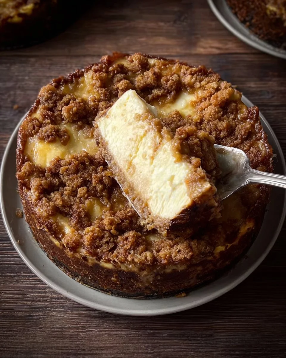 Delicious slice of Apple Crumble Cheesecake topped with crunchy crumble and fresh apples.