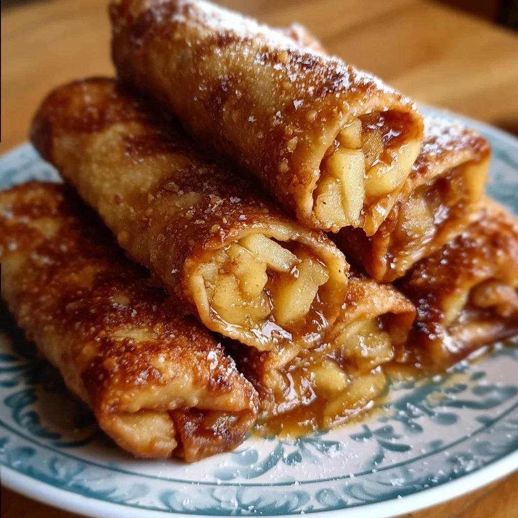 Crispy apple pie egg rolls drizzled with caramel sauce