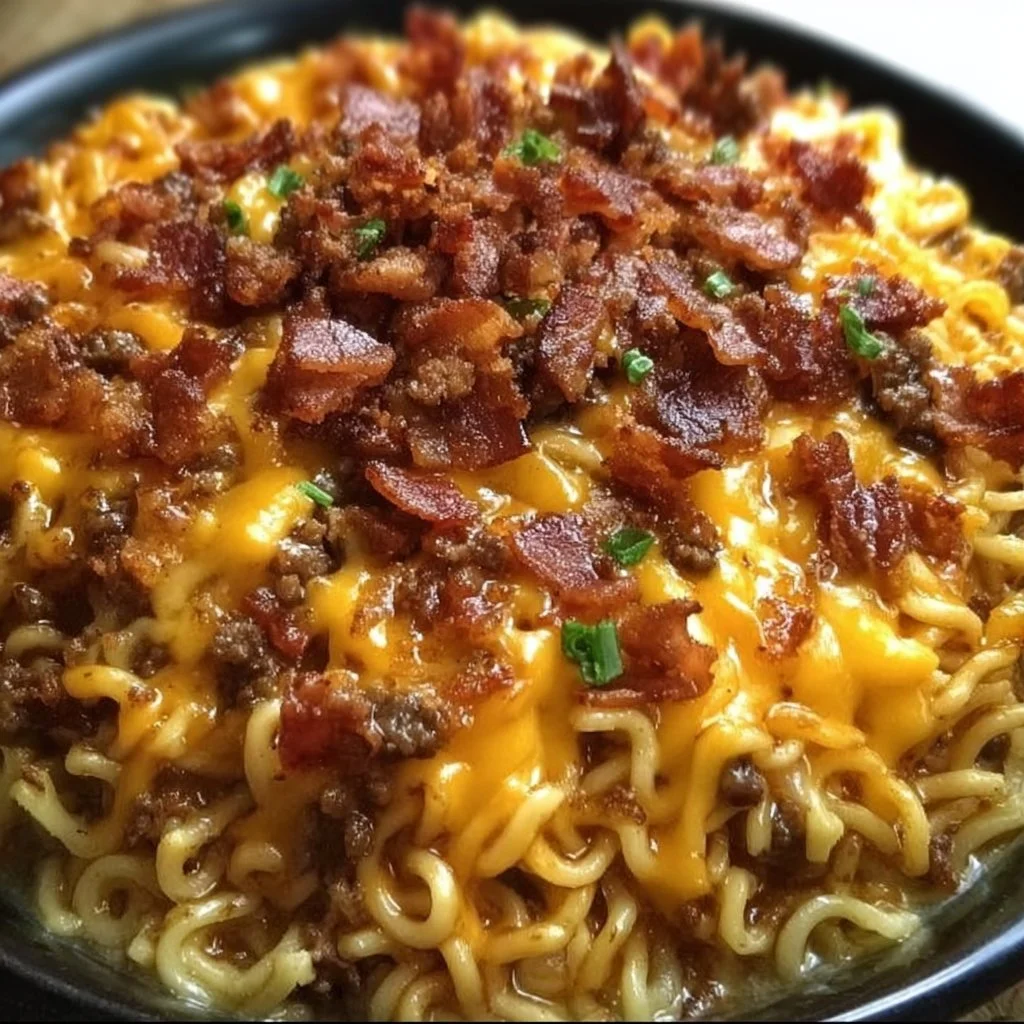 Bacon Cheeseburger Ramen Noodle Bake topped with melted cheese and crispy bacon