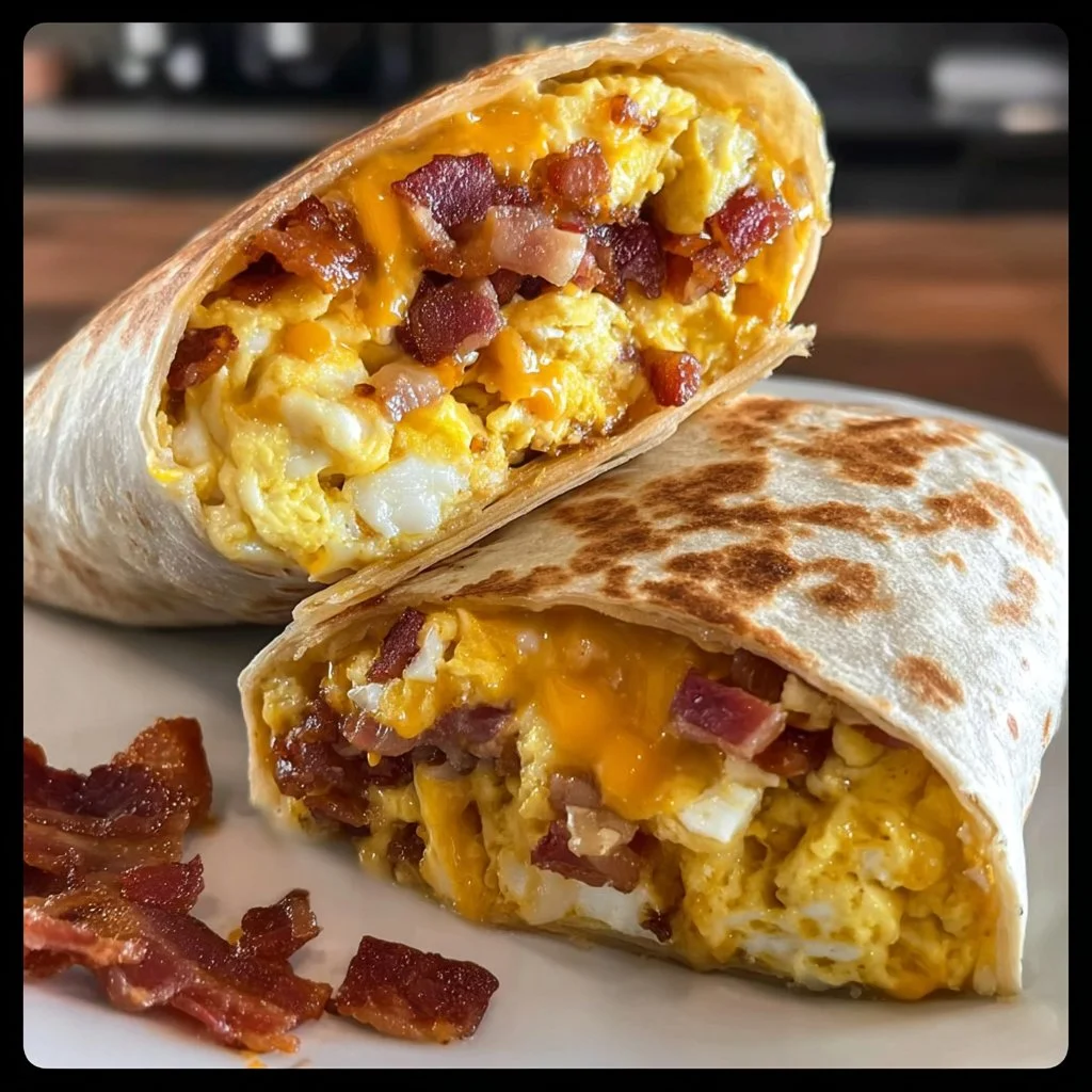 Bacon, Egg & Cheese Breakfast Burrito served on a plate