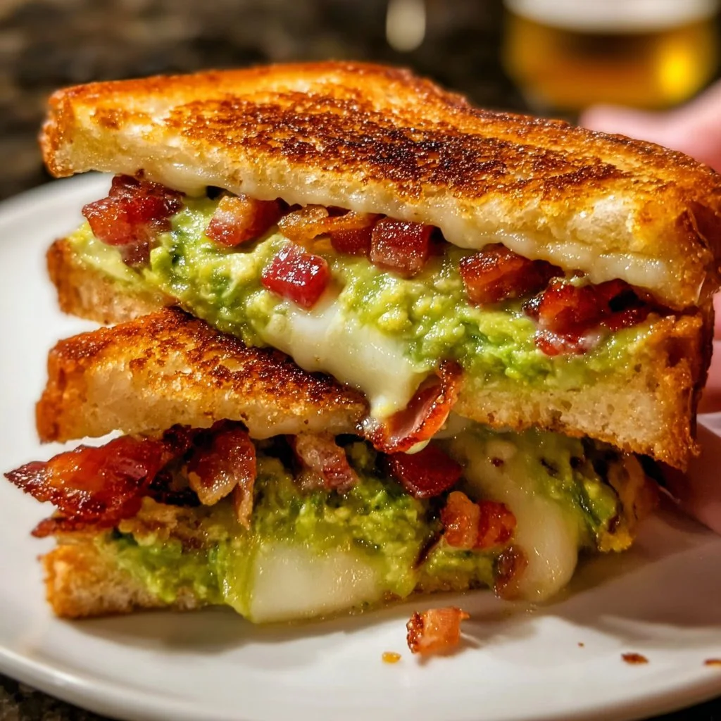 Bacon guacamole grilled cheese sandwich with crispy bacon and creamy avocado.