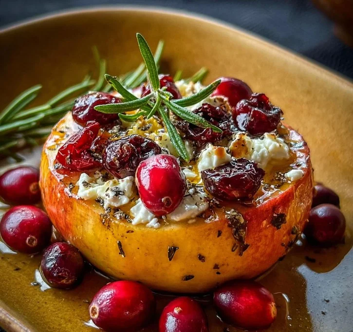 Baked apples topped with feta cheese, honey, and cranberries on a plate