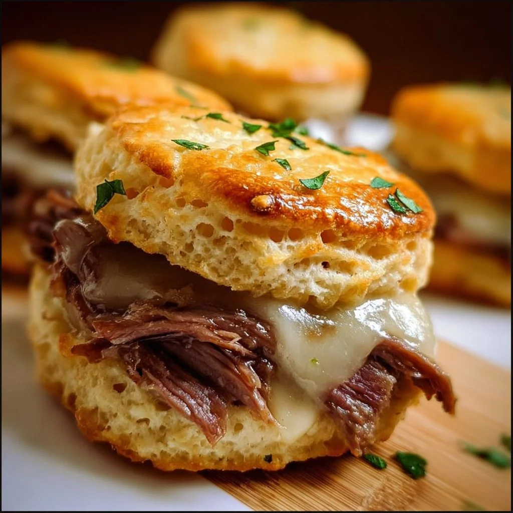 Delicious baked French dip biscuits served with au jus for dipping