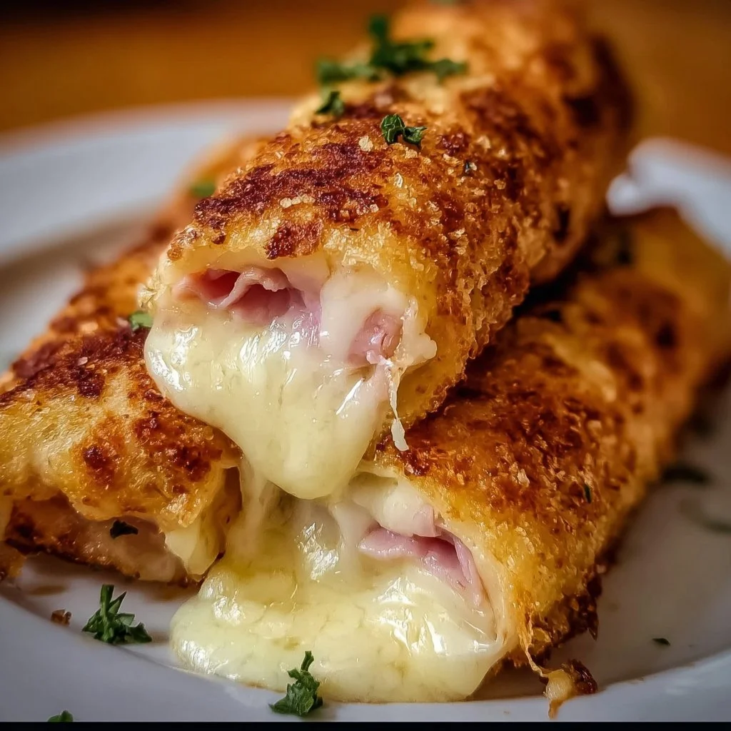 Baked ham and cheese mozzarella sticks on a plate