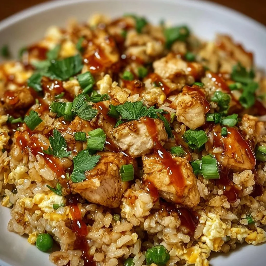 Plate of Bang Bang Chicken Fried Rice with vibrant vegetables and spicy sauce