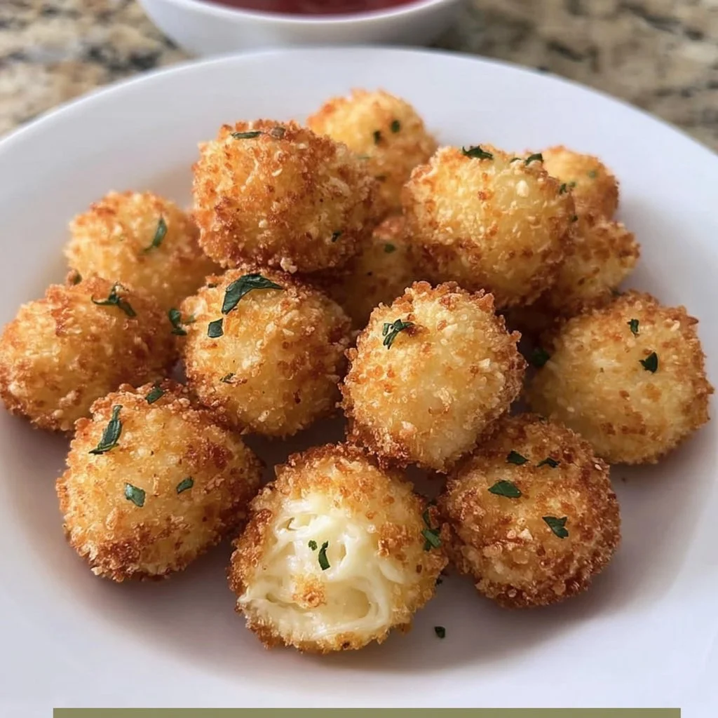 Delicious air fryer cheese balls served on a plate with dipping sauce