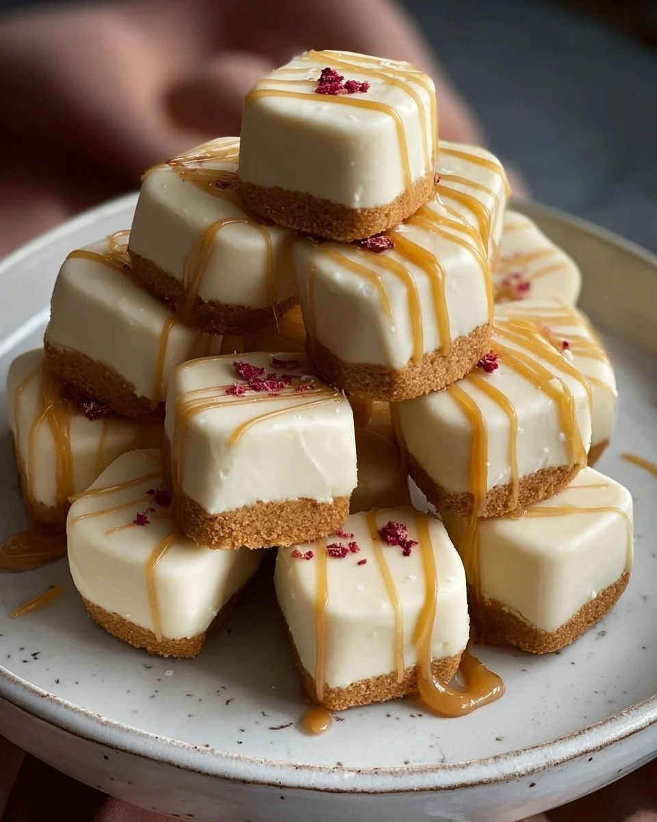 Delicious Biscoff cheesecake bites on a white plate with a drizzle of sauce