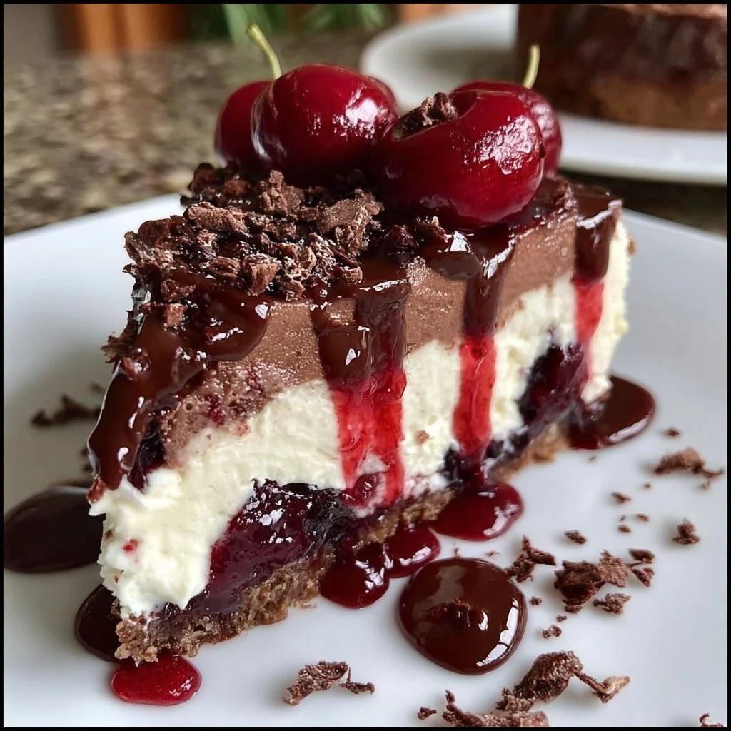 Delicious Black Forest Cheesecake topped with cherries and chocolate shavings