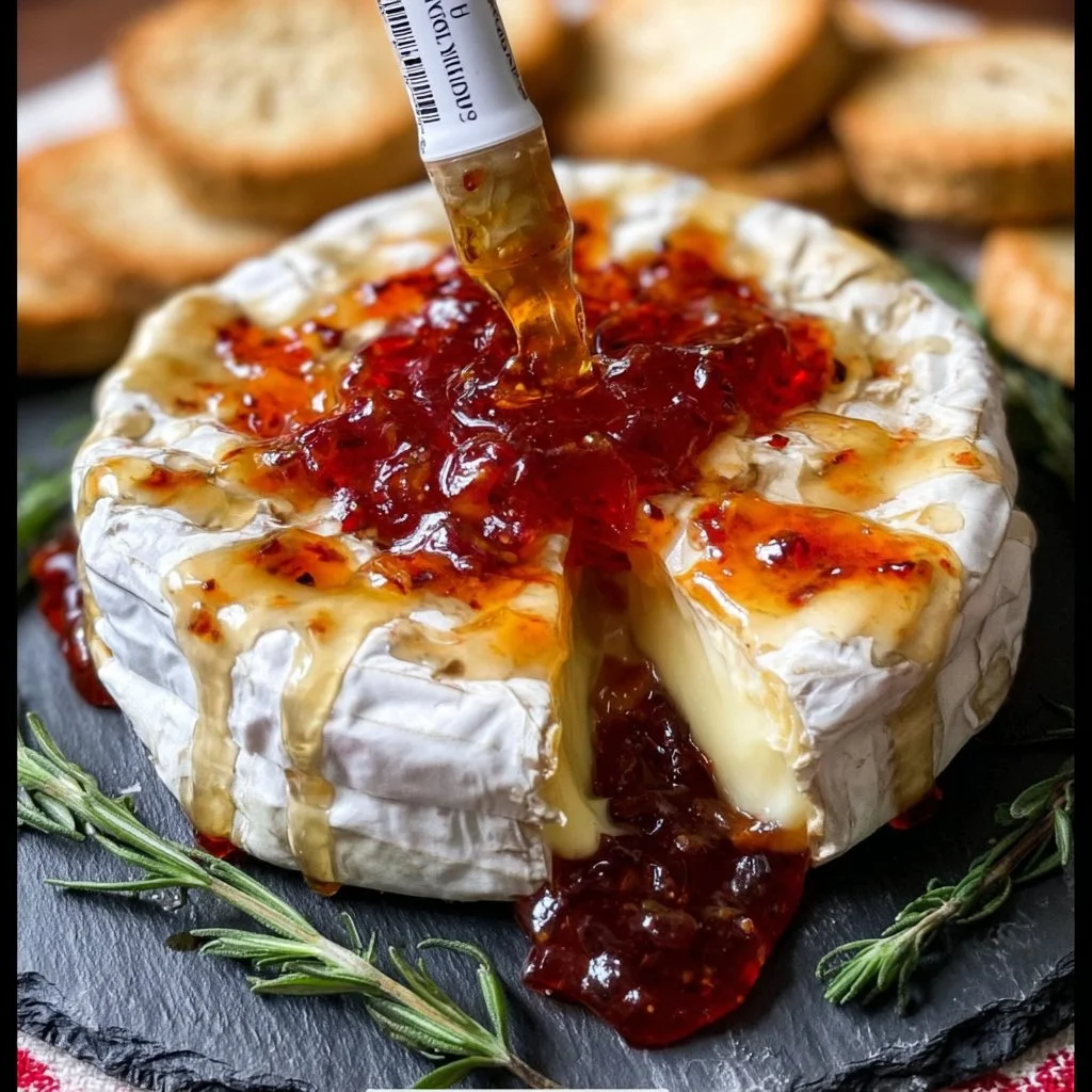 Deliciously melted Bloody Baked Brie topped with berries and herbs.