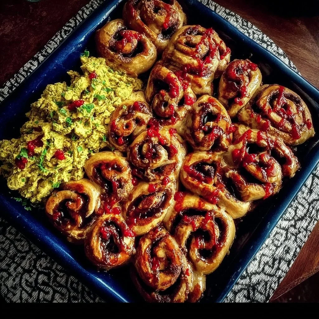 Delicious Bloody Gut Cinnamon Rolls served with Green Scrambled Eggs
