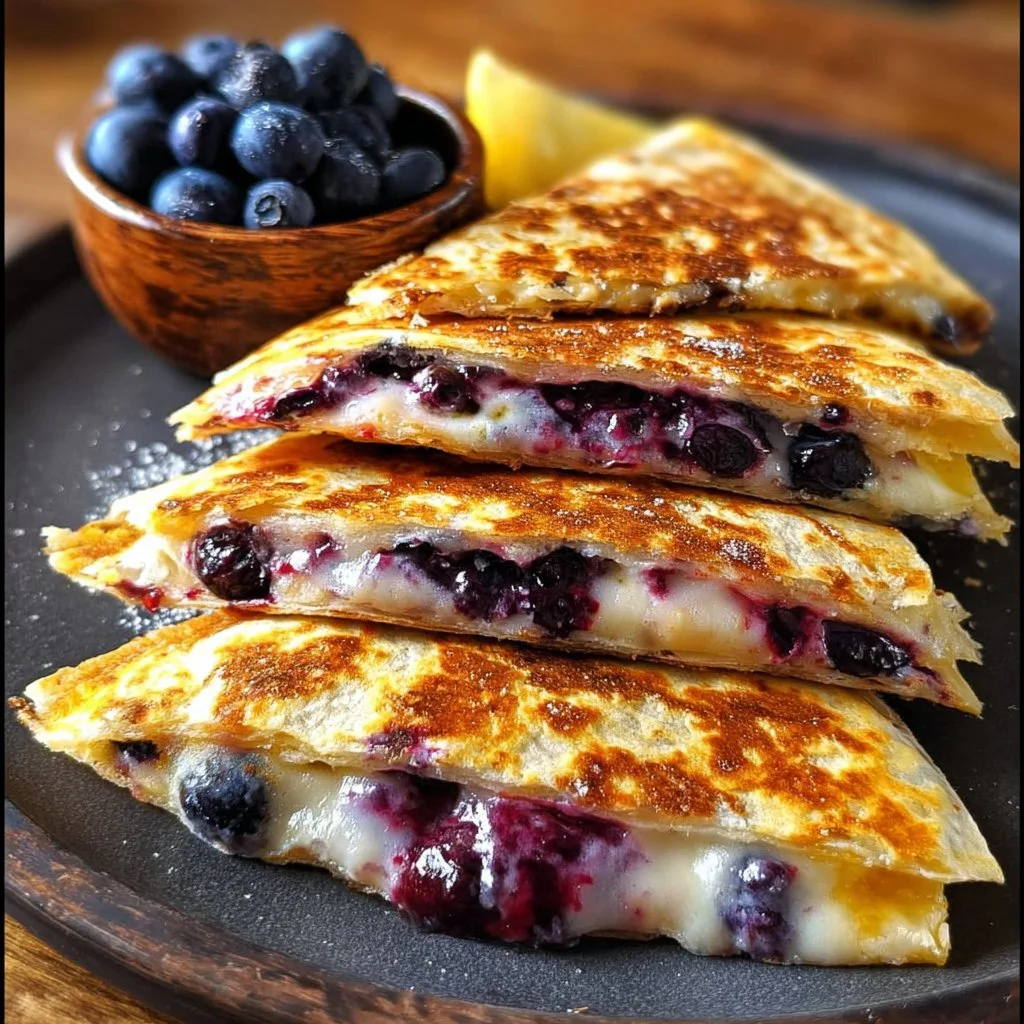 Delicious Blueberry Breakfast Quesadilla served on a plate