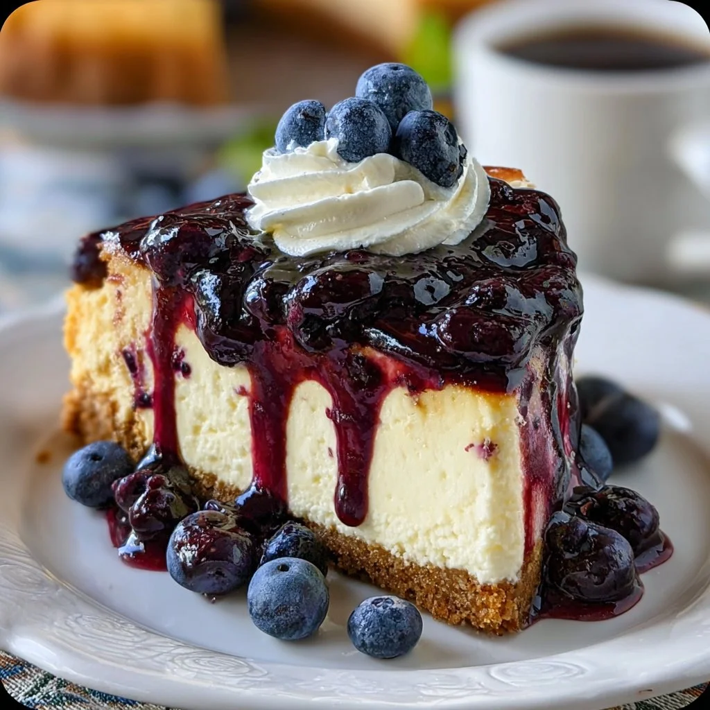 Delicious slice of blueberry cheesecake topped with fresh blueberries