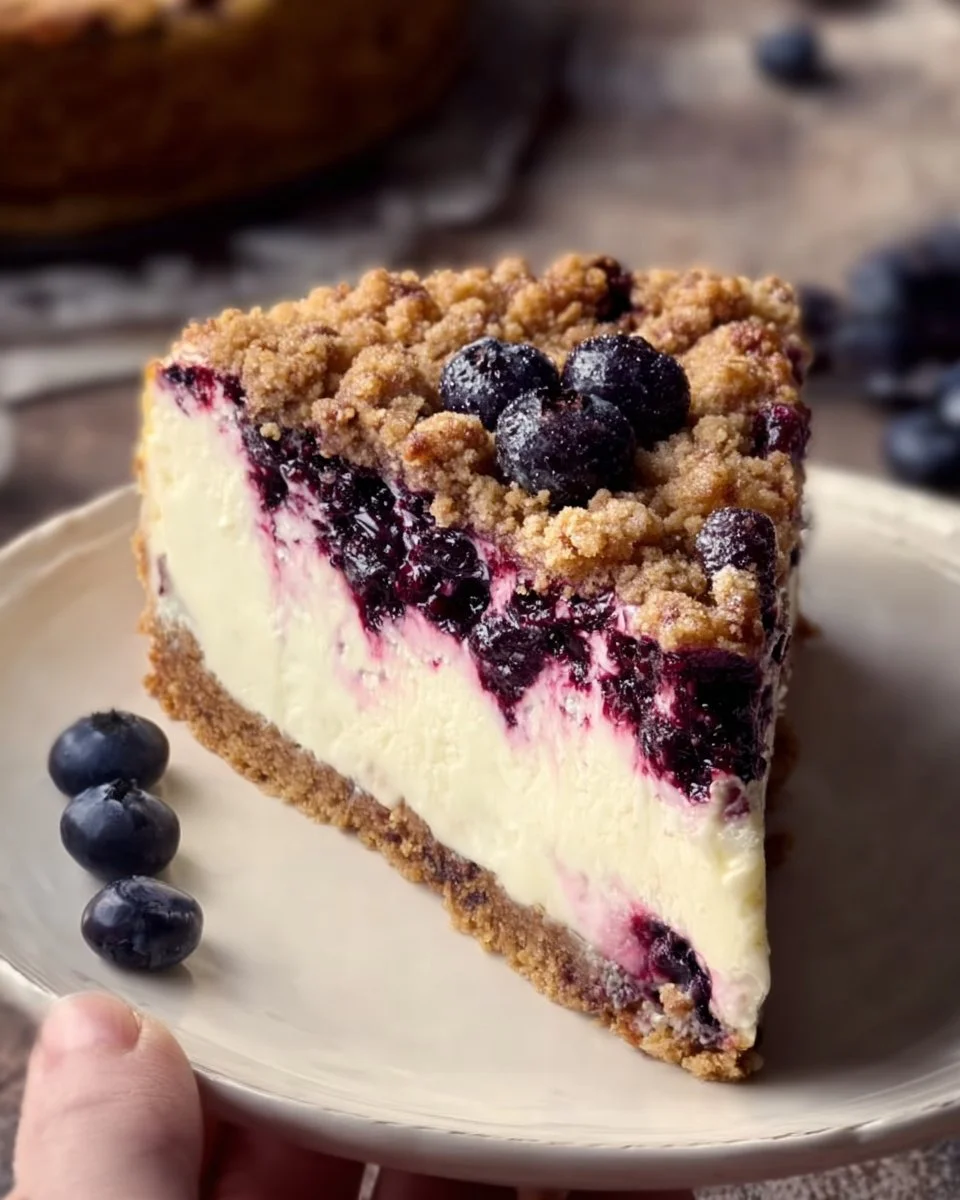 Blueberry crumble cheesecake topped with fresh blueberries and crumble topping