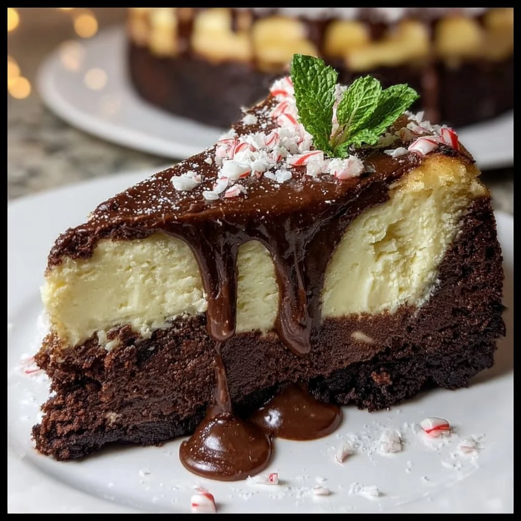 Delicious Brownie Peppermint Cheesecake dessert with peppermint topping