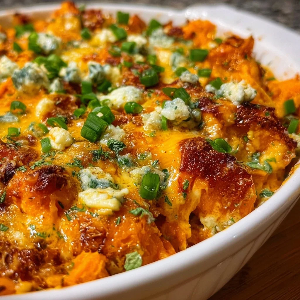 Buffalo Chicken Sweet Potato Casserole topped with cheese and green onions