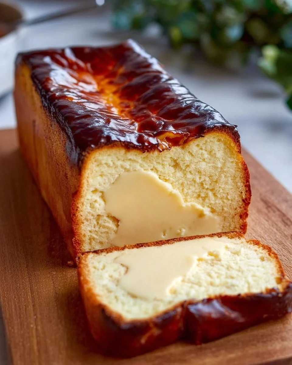 Delicious burnt Basque cheesecake in a loaf pan, showcasing its creamy texture and caramelized top.