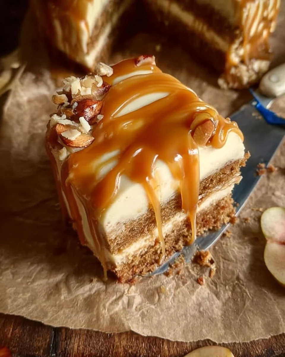 Delicious caramel apple cake topped with caramel drizzle and fresh apple slices