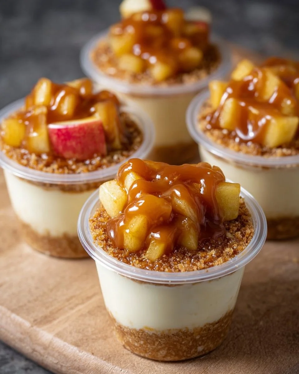 Delicious caramel apple dessert cups topped with whipped cream and caramel drizzle.