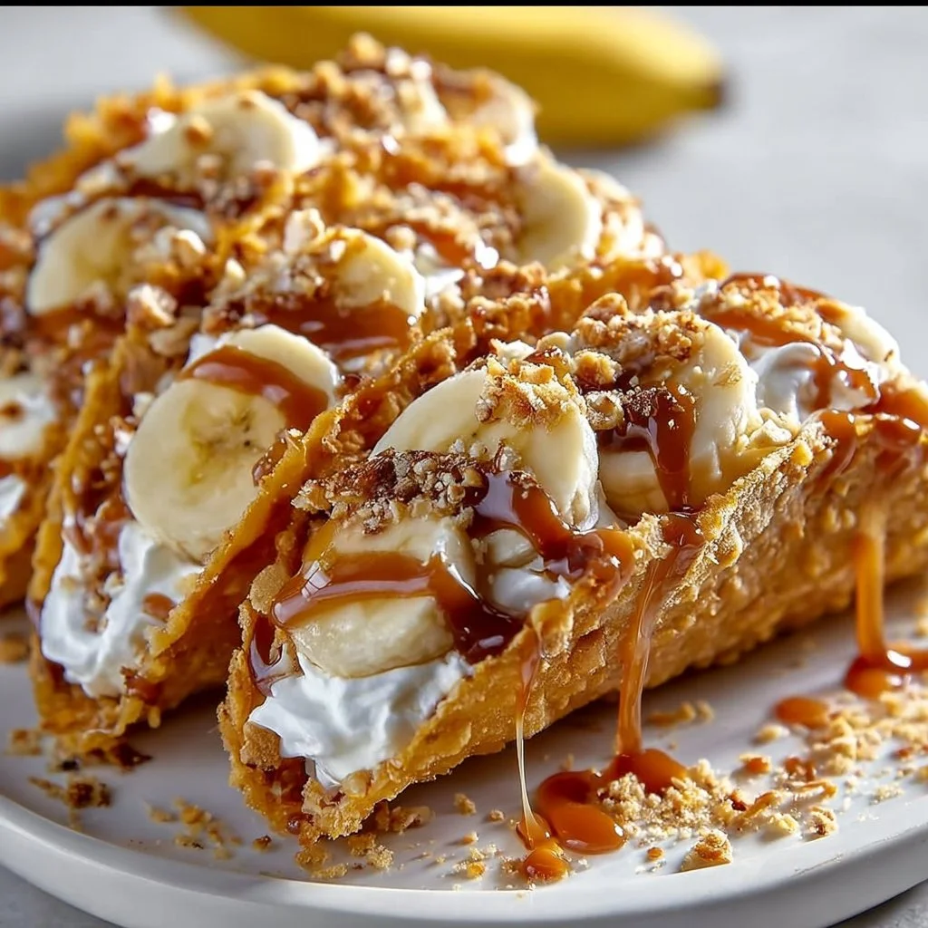 Delicious caramel banana nuts tacos served on a plate.